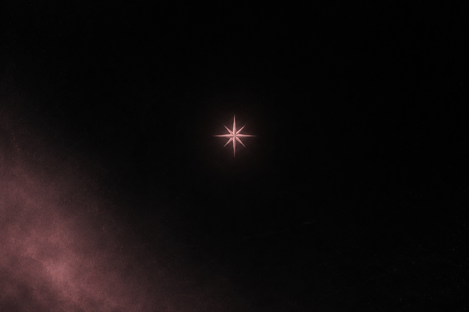 A dark, minimalist background with a small glowing pink starburst in the upper center and a soft pink haze in the lower left corner.